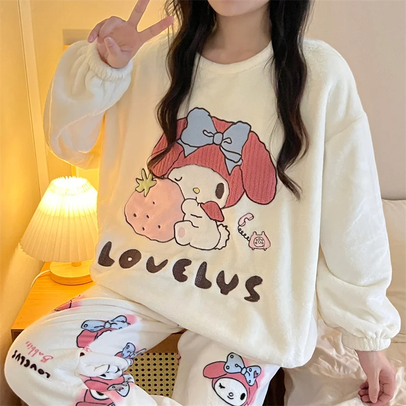

Kawaii Sanrios My Melody Girl Pajamas Cartoon Anime Pochacco Coral Fleece Pajamas Plus Fleece Girls Home Suit Set Girl Gift