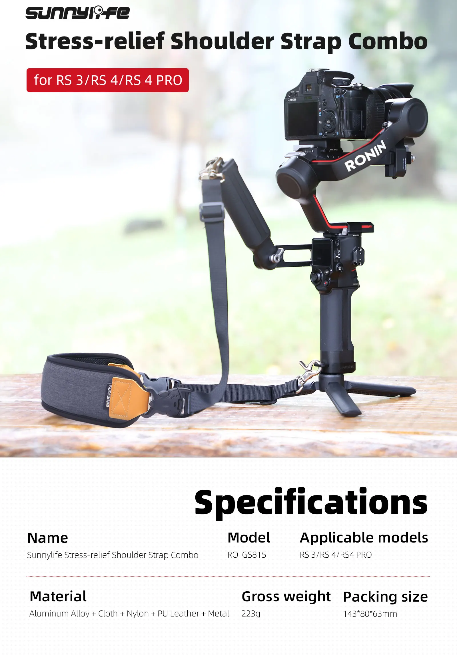 Fixation robuste de la lanière d'épaule décompression sur le stabilisateur DJI RS 4 Pro