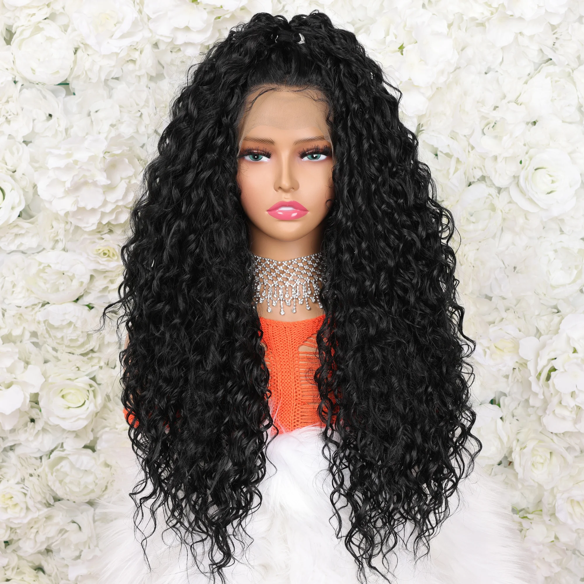 200% Density 13*4 Lace Front Synthetic Wig Long Afro Curly Wig For Women, Elegant Natural Looking For Daily Use