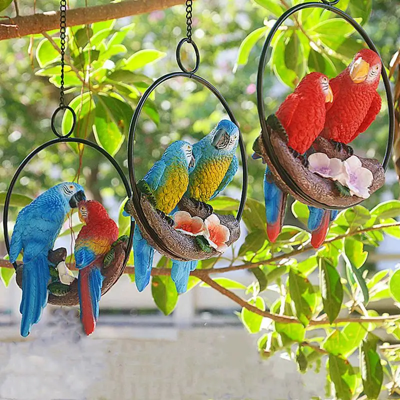 

Parrot Outdoor Statues resin made Realistic Yard Art Double Parrot Statue on Iron Ring weather proof Outdoor Decor for lawn yard