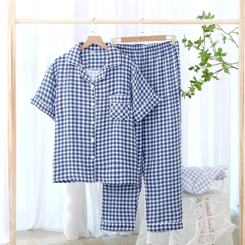 Cotton Plaid Design Men's Trouser Pajamas Homewear Suit for Autumn Thin Short-Sleeved Trousers Plaid Homewear Pyjamas Men
