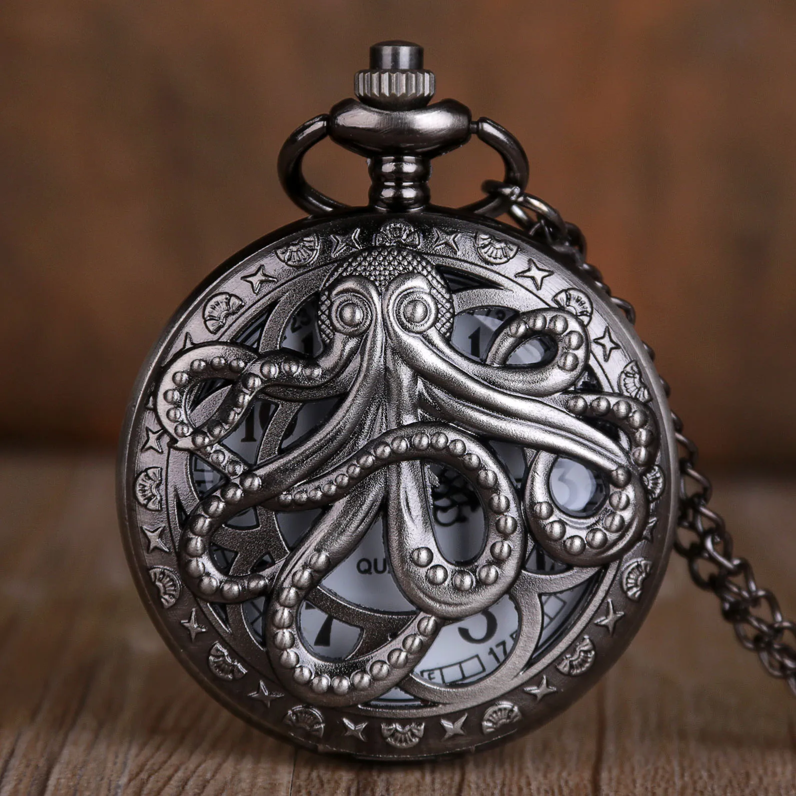 

New Arrival Octopus Hollow Half Hunter Quartz Pocket Watch Vintage Black Pocket Watch with Necklace Chain Gift for Kid Men Women