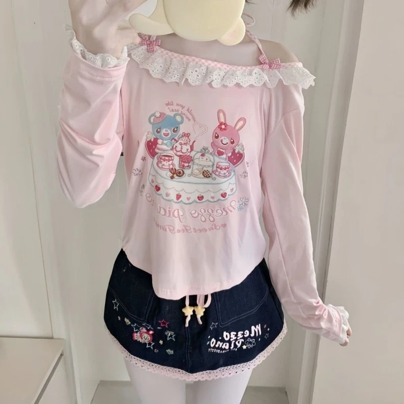 Japanese Girls Cartoon Printing Halter T-shirt Harajuku Grunge Kawaii Cute Loose Tees Women Y2k Aesthetic Lace Patchwork Tops 1