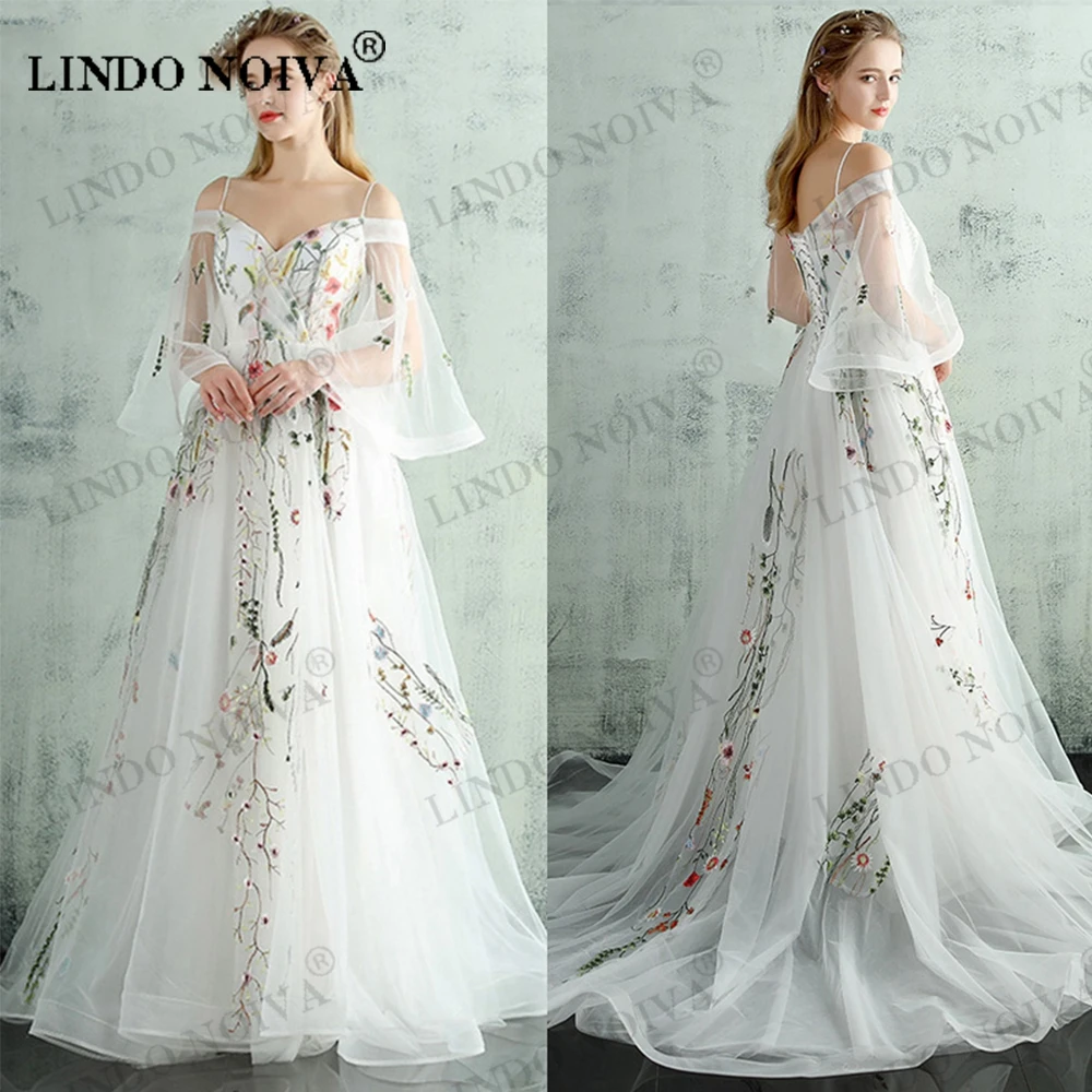 

LINDO NOIVA White Tulle Evening Dress Boat Neck Flare Sleeves Party Dresses Elegant Appliques Luxury Train Robe De Soiree