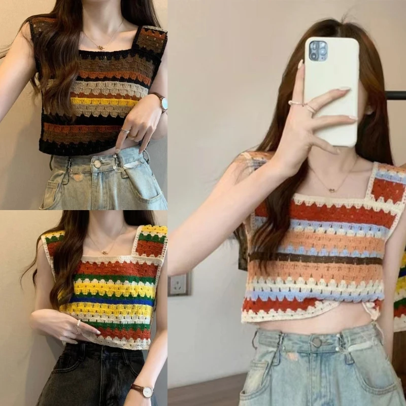 

Hollows Tops Stripes Pattern Shirt Short Cami Colorful Caural Sleeveless Cloth