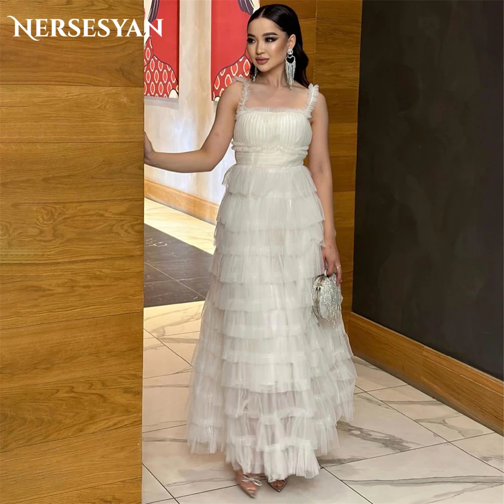 

Nersesyan Elegant Formal Prom Dresses A-Line Pleats Tiered Tulle Floor Length Evening Dress Backless Graduation 2024 Party Gowns