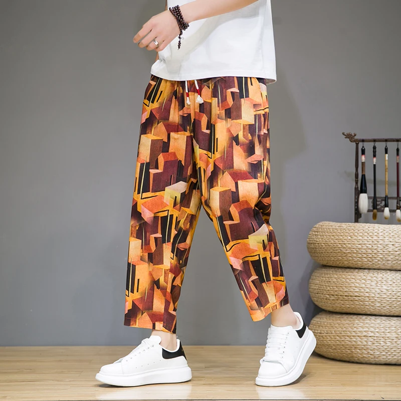 

Sinicism Traditional Men's Casual Color Contrast Printed Nine-point Pants Men Summer Loose Plus Size Harem Pants with Small Feet