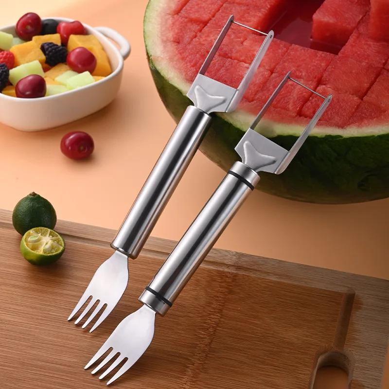 

Dual Purpose Watermelon Cubes Cutter Slicer Stainless Steel Fruit Cutting Knife Double Ended Fruit Fork Tool Kitchen Accessories