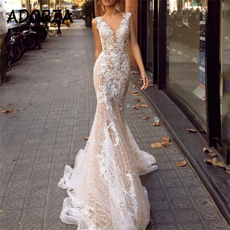 

ADORZA Wedding Dress Lace Appliques Mermaid Bridal Gown Elegant Illusion V-neck Backless Court Train Vestido De Noiva for Bride