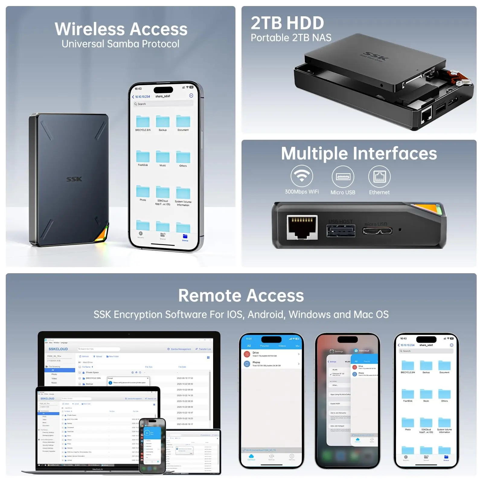 Portable SSD SSK Portable External SSD HDD NAS Storage Wireless Wi-Fi Hotspot Cloud Smart Support Auto-Backup for 1TB 2TB