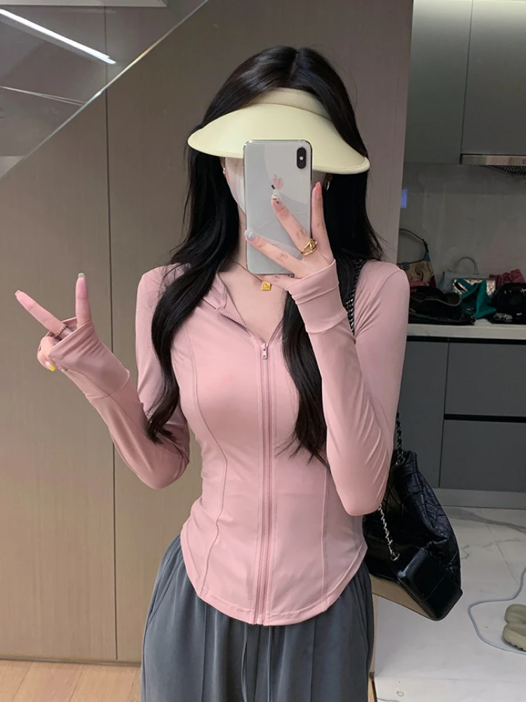 

Deeptown Vintage Zip Up Hooded T Shirts Women Y2K Harajuku Sexy Slim Sun-proof Crop Tops Streetwear Casual Basic Tees Tracksuit