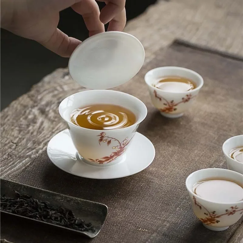 White Ceramic Lidded Bowl Mutton Fat Jade Tea Bowl Hand Painted Blue and White Gaiwan Household Kung Fu