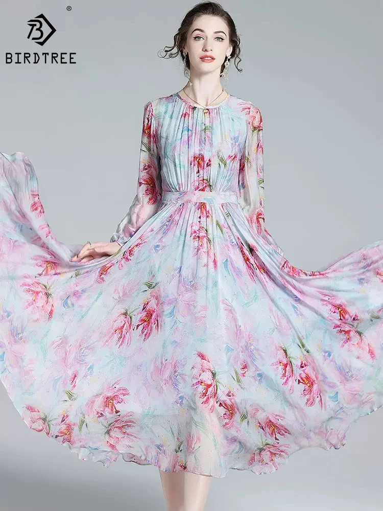 

Платье из 100% натурального шелка с круглым вырезом и пышными рукавами, элегантное платье средней длины с цветочным рисунком D30490QD