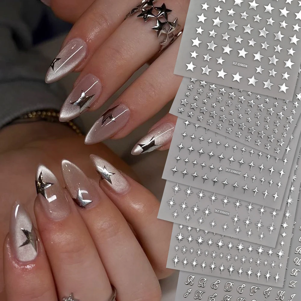 6개/세트 메탈 실버 스타 네일 스티커 3D 쉬머 스타버스트 크로스 스타라이트 네일 아트 데칼 Y2K 펜타그램 매니큐어 장식