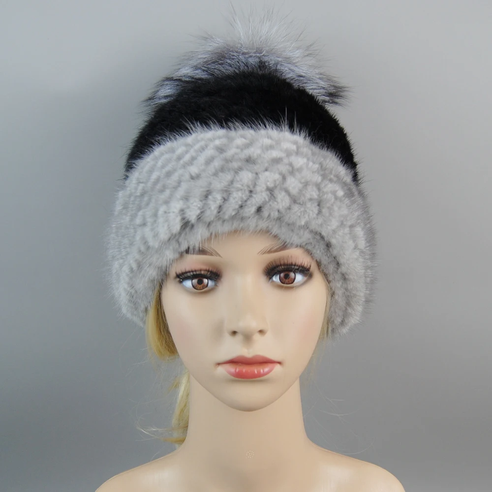 Fashion Real Mink Fur Hat For Winter Women Imported Knitted Mink Cap With Fox Fur Hot Sale High Quality Women Beanies Hat