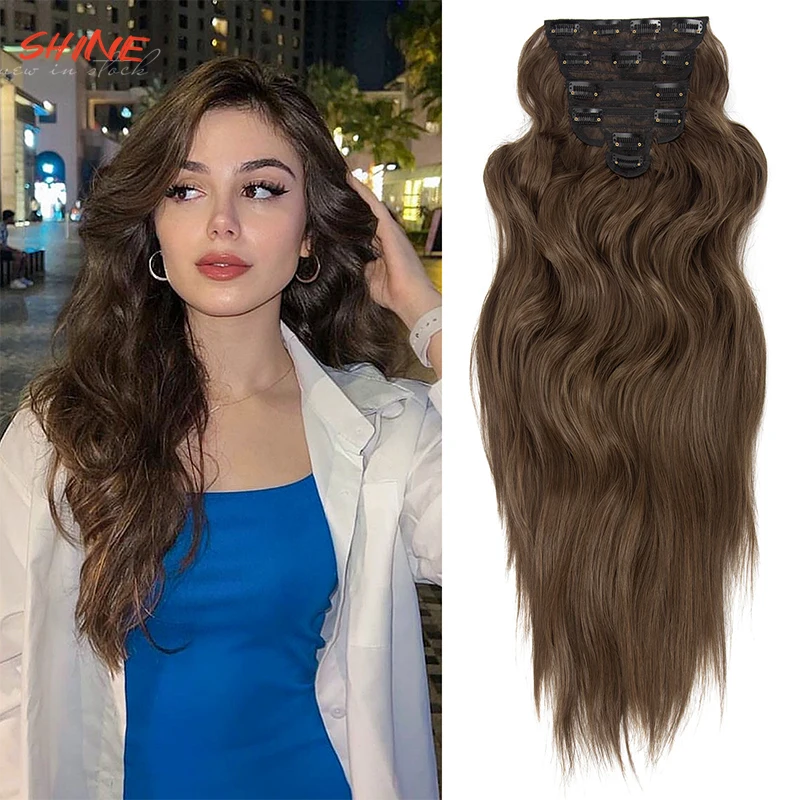 

Shine 6pcs/set Clip In Hair Extension Long Synthetic Hair Heat Resistant Hairpiece Natural Wavy Brown Hair Piece 22Inch