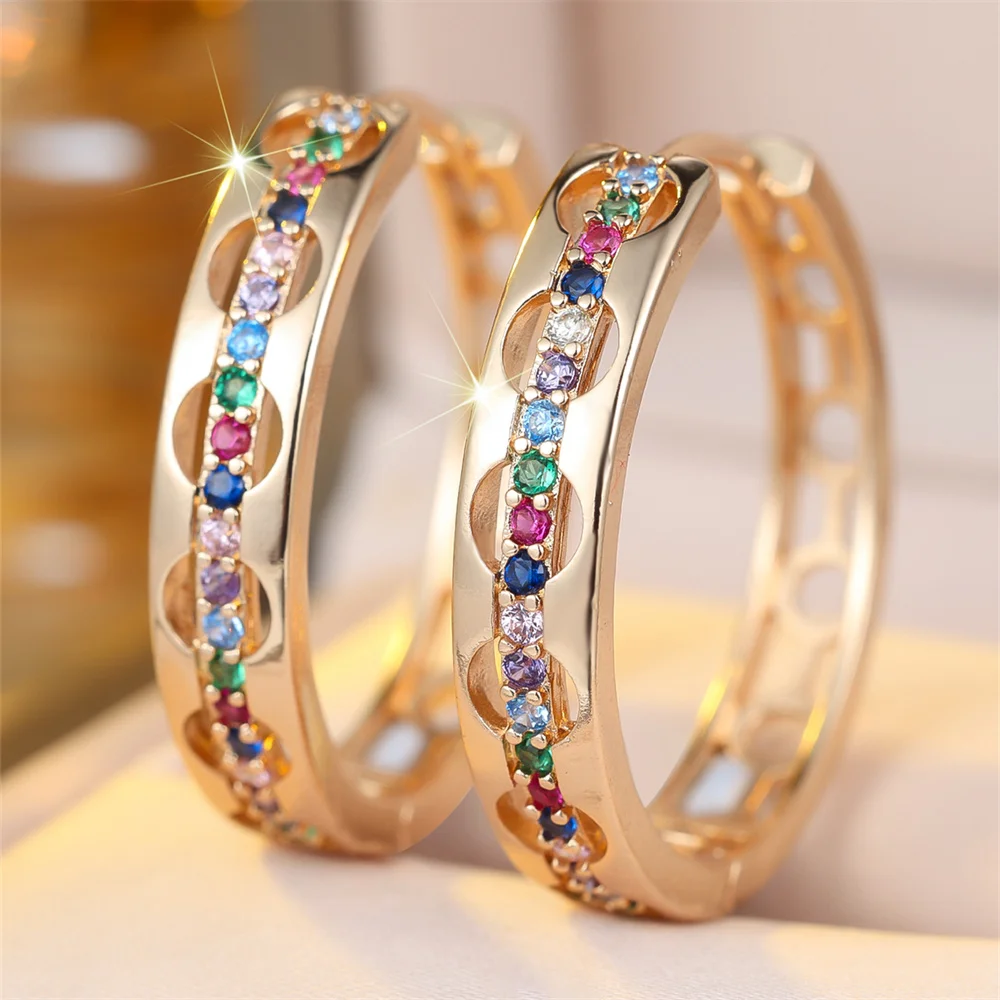 Vintage Hollow Rainbow Zircon Round Stone Hoop Earrings For Women Antique Trendy Gold Color Tiny Ear Buckle Wedding Jewelry Gift