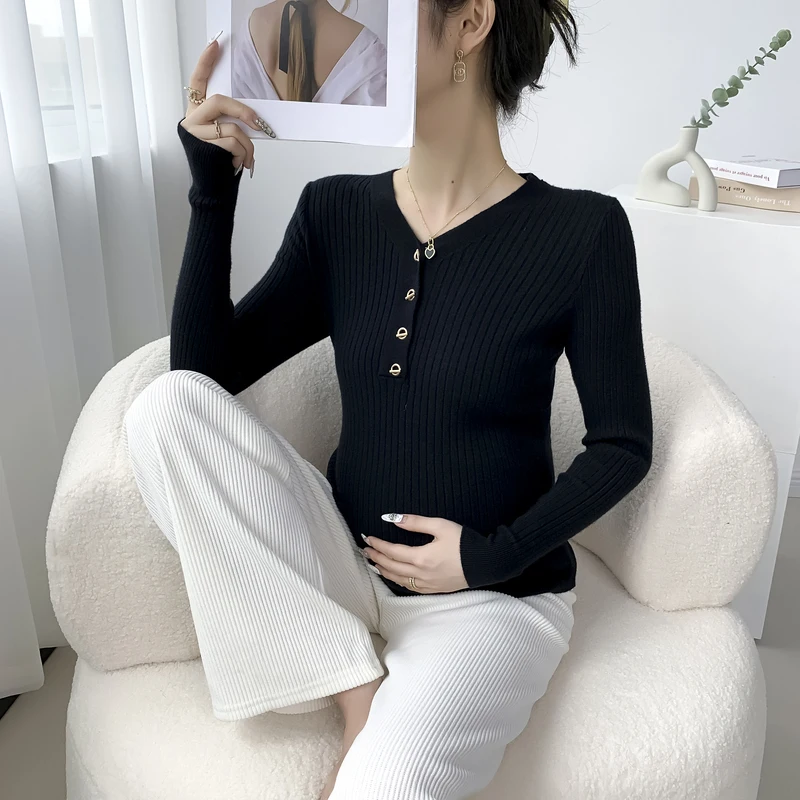 Camisola maternidade de botão feminino manga comprida com decote em v, pulôveres de malha, top monocromático, moda, outono, inverno