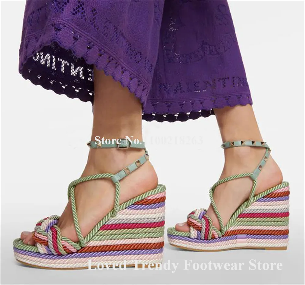 

Mixed-colors Ropes Knitted High Platform Wedge Sandals Open Toe Metal Studs Ankle Straps Buckles Wedges Summer Colorful Shoes