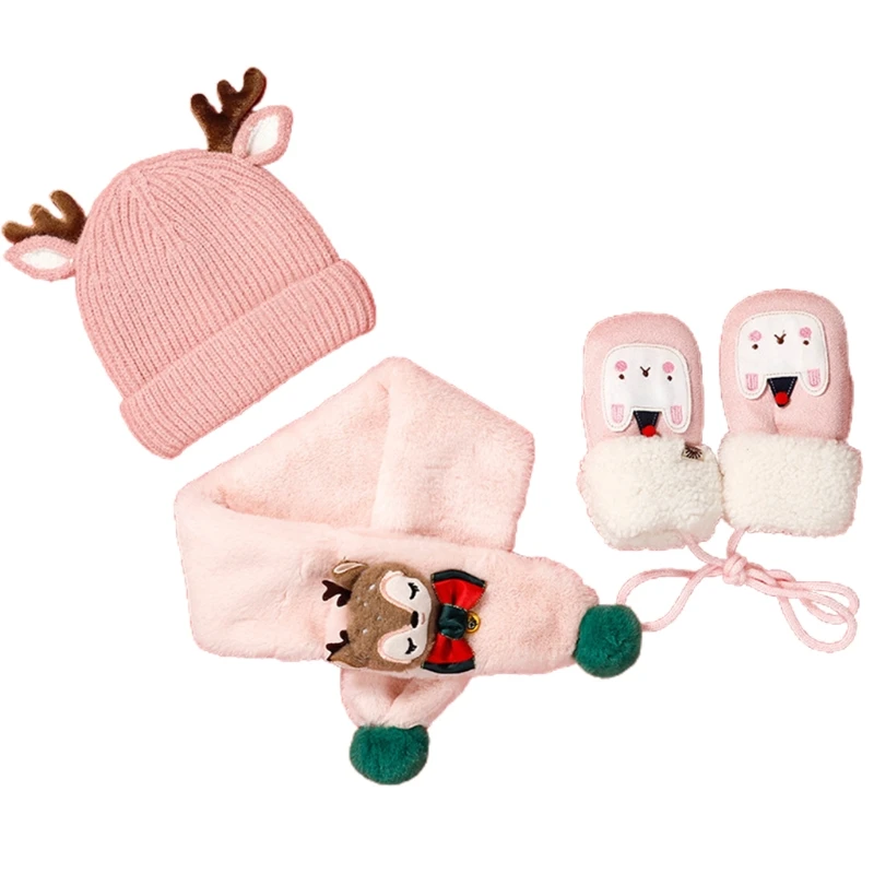 Winter Hat Scarf Kids Gloves Or Toddlers Gloves Baby With Deer Horn for Boy Girl Ages 1-3 Toddler Plush Scarf