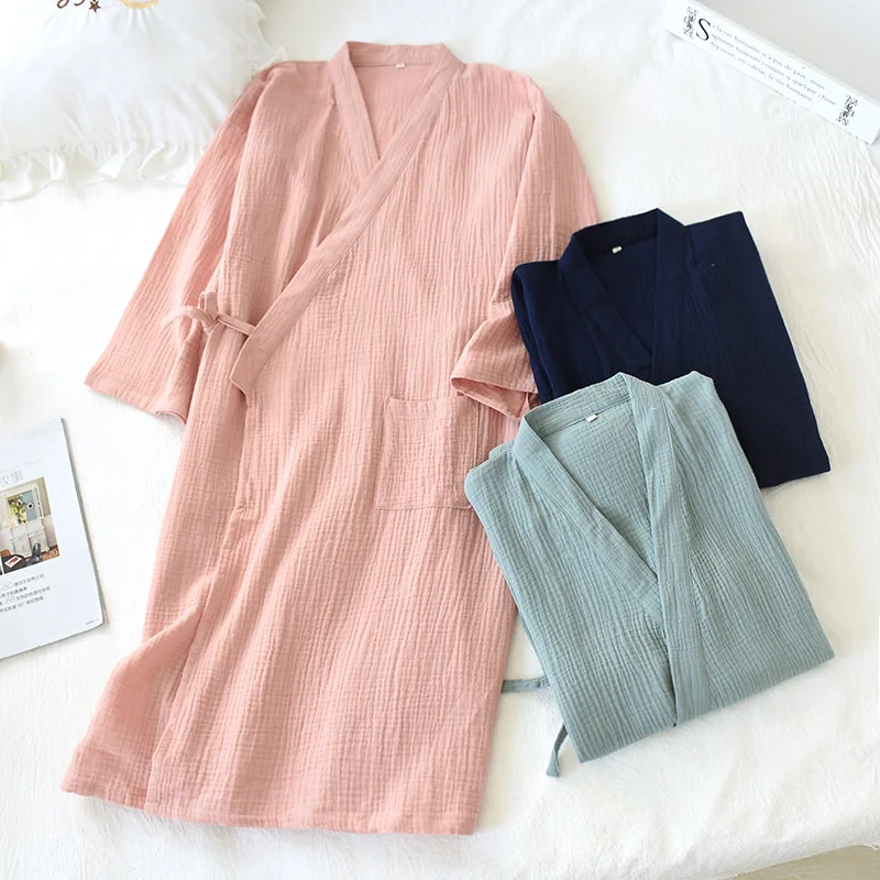 New Autumn 100% Cotton Crepe Double Gauze Japanese Kimono Robe Womens Robes  Sleepwear Couple Dressing Gown Long Wedding Pajamas - AliExpress 200574005