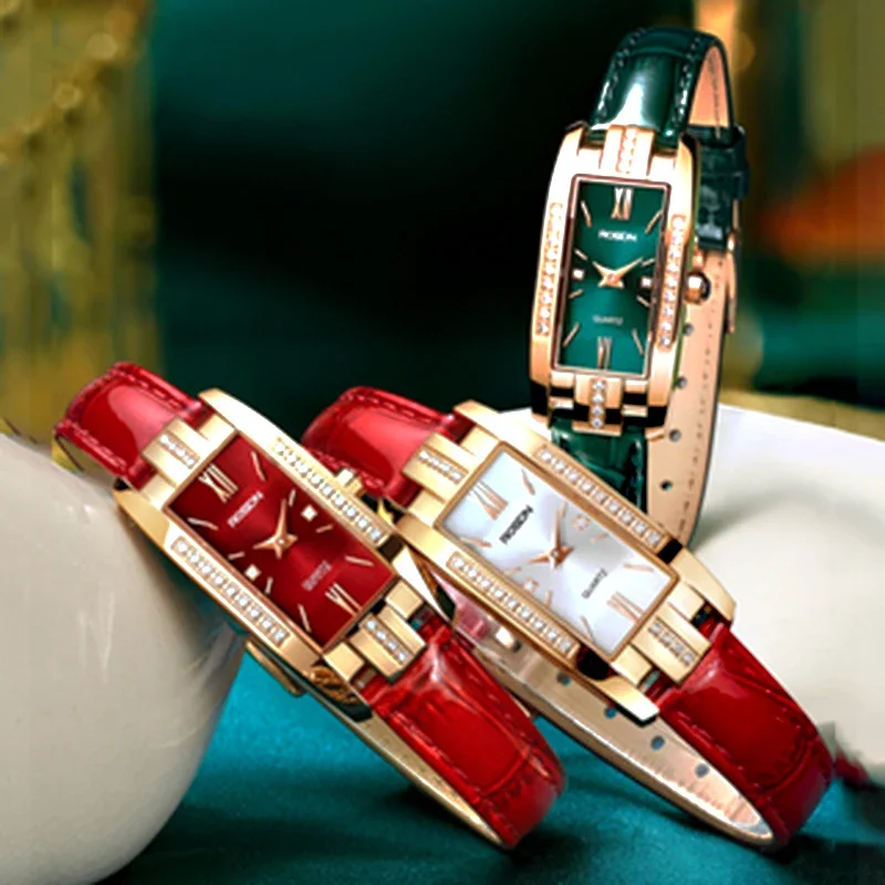 

Small Green Wrist Clock Rectangular Compact Dial Diamond High Quality Thin Belt Quartz Watch Ladies Watches Luxury