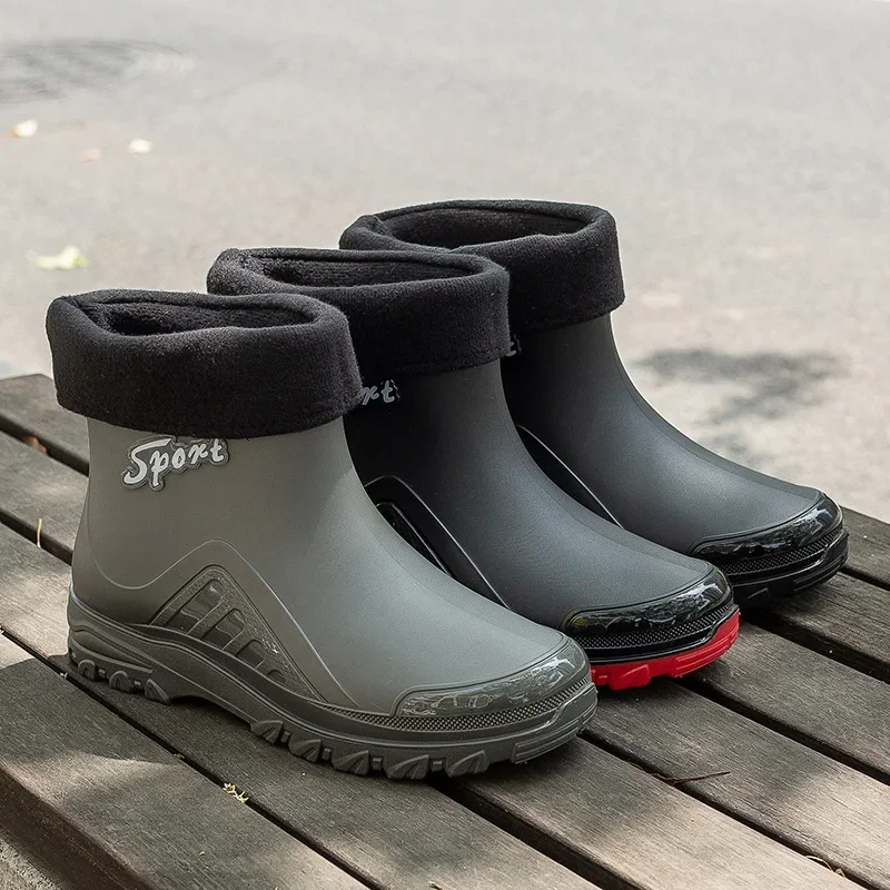 Bottes courtes homme style coréen 2024 doublées polaire - Chaussures de pluie chaudes mode 558
