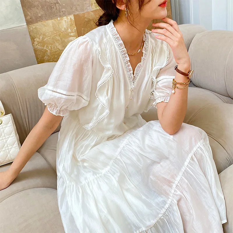 

AYUALIN Boho Beach Wear White Vestidos Vintage Deep V High Waist Loose Summer Dresses 2022 Casual Ruffles Long Dress for Women