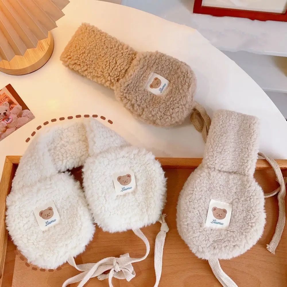 Cute Bear Tie Plush Earmuffs Windproof Foldable Ear Warmer Outdoor Riding Cold Protection Soft Plush Earflap Winter