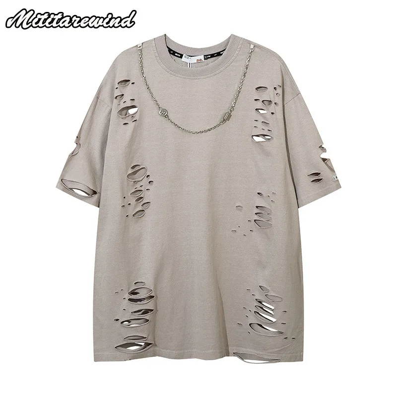 

Oversize Summer Unisex O-Neck T-shirt Vintage Hip Hop Ripped Hole Print Design Loose Casual High Street Streetwear Fashion Tees
