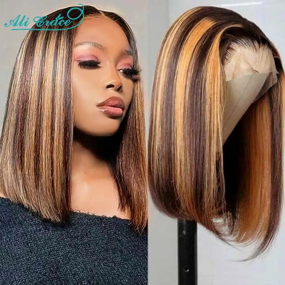 

Ali Grace Highlight Wig Straight Short Bob Wig 4/27 Ombre Color Remy Human Hair Wigs 13X4 Frontal Wig Pre-Plucked with Baby Hair