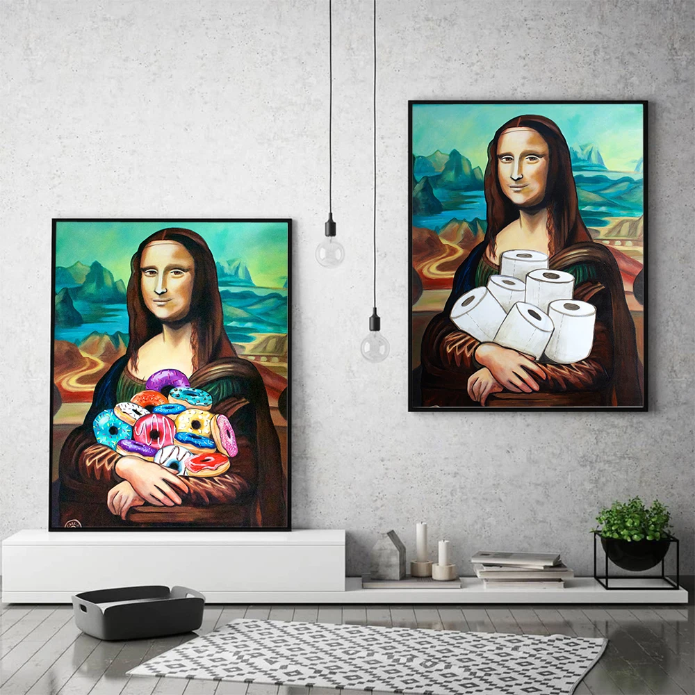 

Funny Mona Lisa With Toilet Canvas Painting Holding Toilet Paper Bath Towel Mural Poster Home Decor Picture For Bathroom Picture