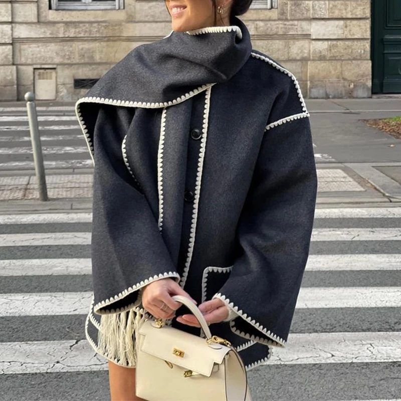 

Hotsale Women's Coats Autumn and Winter Black Jacket Coat Scarf Warm Streetwear Loose Female Outerwear Clothes Blouson Femme