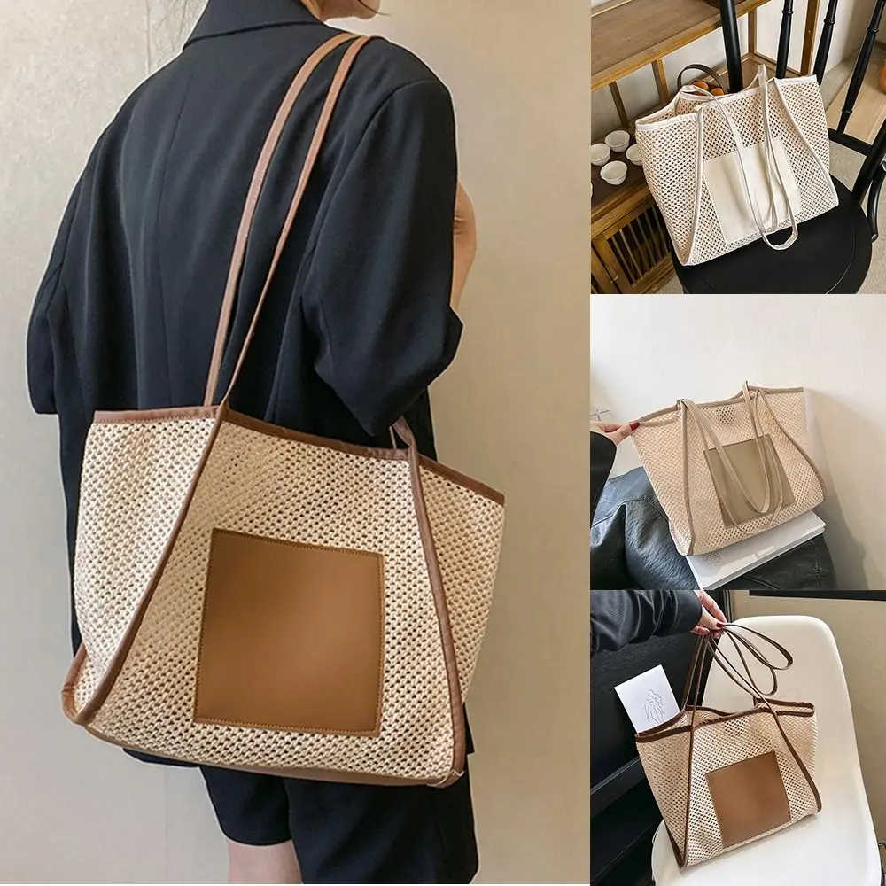 

Large Capacity Straw Woven Shoulder Bag Simple Pu Leather Handbag Tote Bag Knitted Shopping