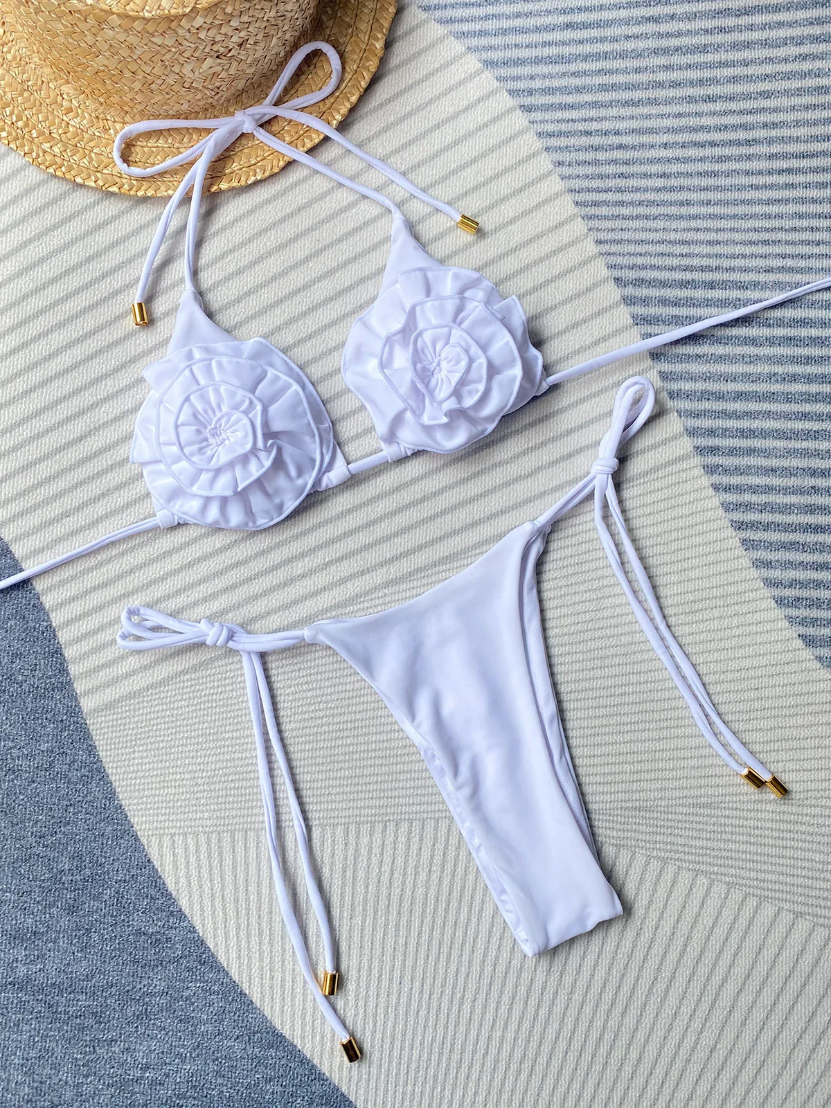 Sexy Halter Flowers Mini Micro Thong Bikini Women Swimwear Female Swimsuit Two-pieces Bikini set Bather Bathing Suit Swim Lady