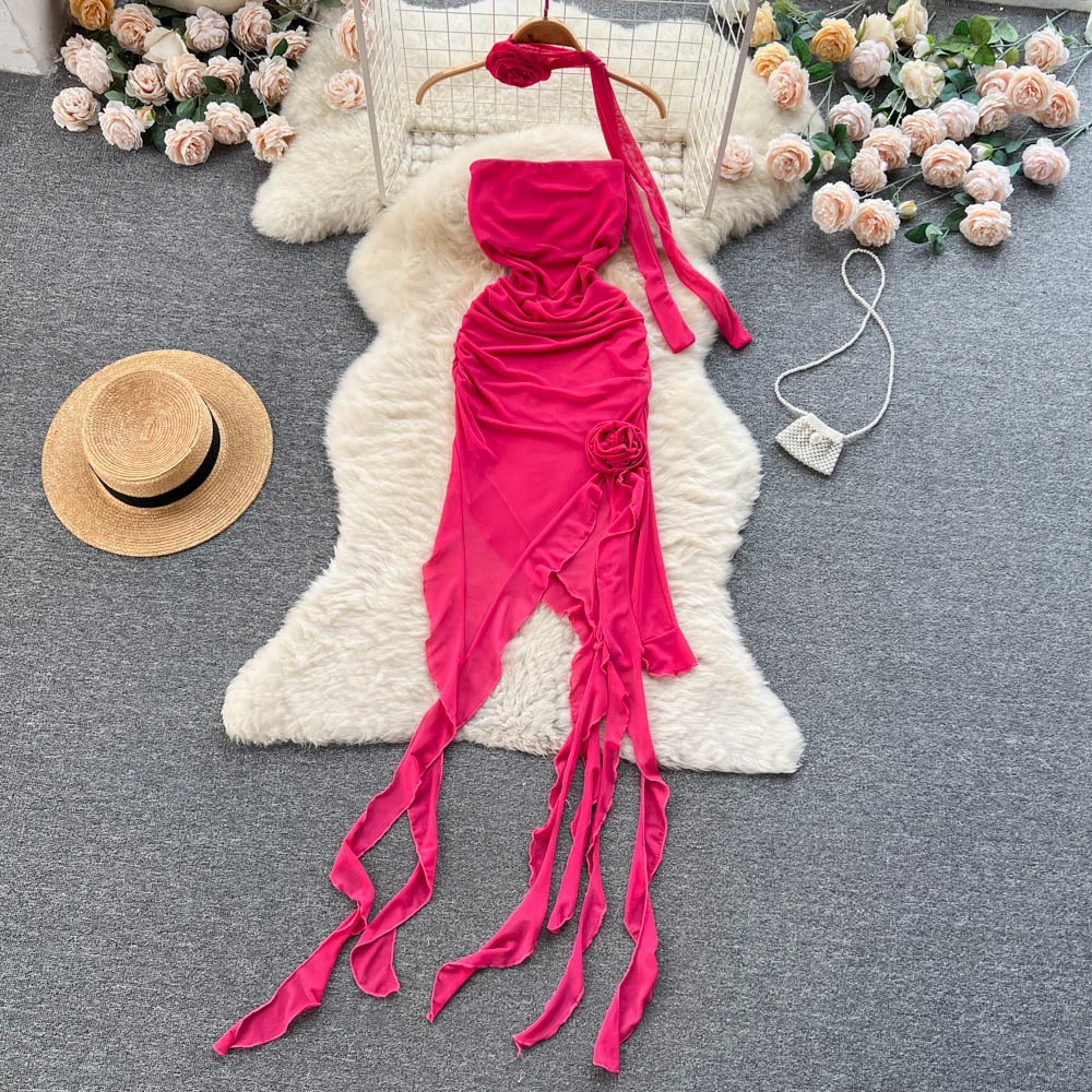 

Foamlina Sexy Strapless Irregular Dress Women Fashion Summer Solid Sleeveless Backless Ruffles Ribbons Midi Holiday Party Dress