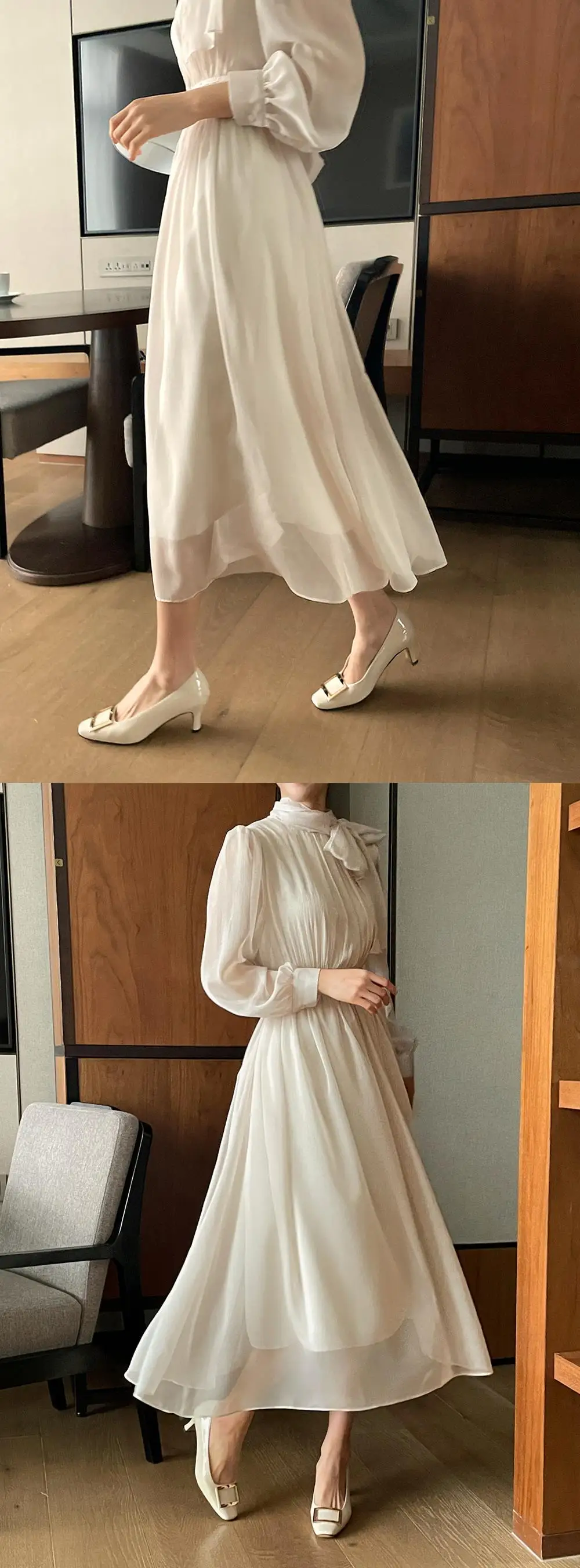 Elegant Midi Dresses for Women Long Sleeves Half High Collar Lace-up A-line Korean Fashion Autumn New One Piece Vestido Mujer