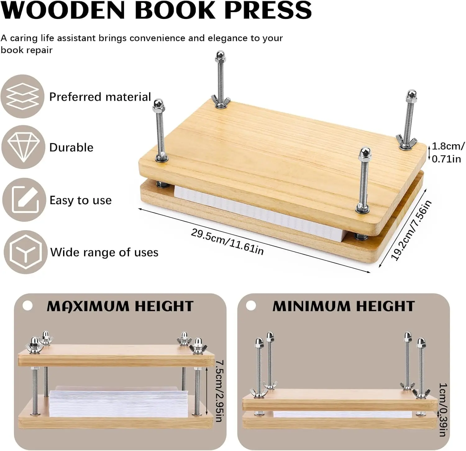 Wooden Book Press, Book Binding Tool, Flat Paper Press Machine for Desktop DIY Bookbinding Greeting Cards Labels - 3