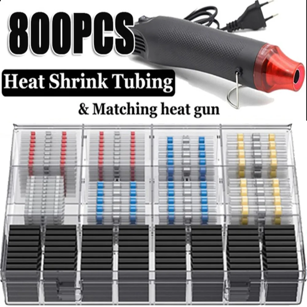 800PCS Heat Shrink Butts Crimp Terminals Waterproof Solder Seal Electrical Wire Cable Splice Terminal Kit with Hot Air Gun 800 50pcs heat shrink butt crimp terminals waterproof seal electrical connectors wire cable splice automotive marine