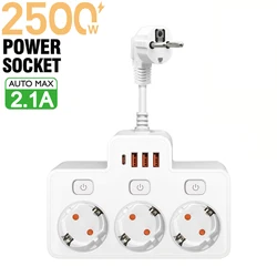 EU Plug Power Strip with Independent Switch and USB Type - C Ports, 2500W Charging Station with Network Filter (EU Plug White)