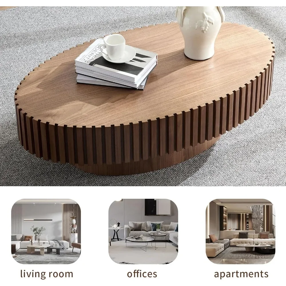 43.7''Oval Drum Coffee Table Handcrafted Relief Sturdy Pedestal Wooden Olive-Shaped Tea Table for Living Room 4