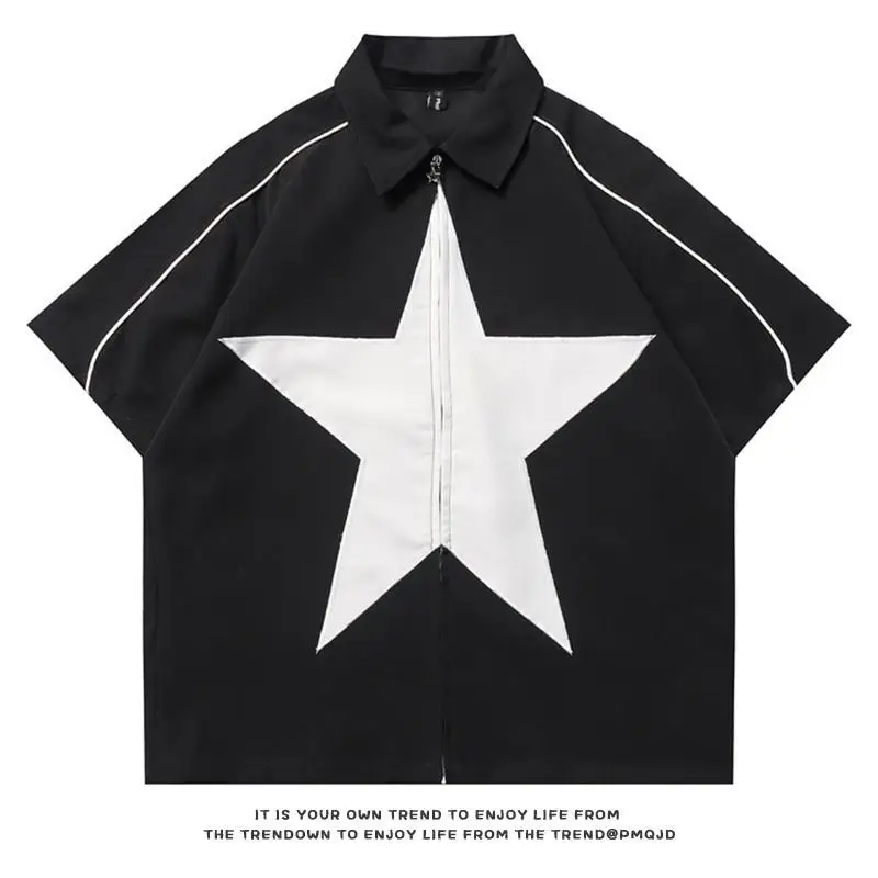 Star Splicing Shirts Oversized Harajuku Streetwear Hip Hop Shirts Men Fashion Casual Loose Zip Up Blouse Y2K Red Black Summer