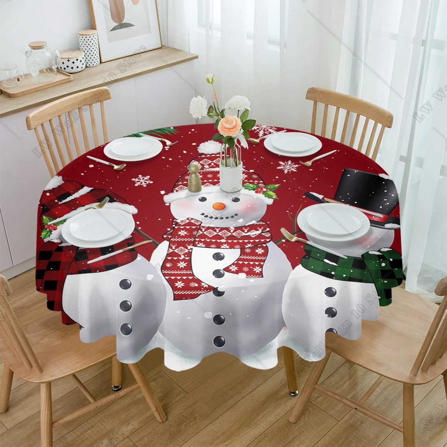 

Christmas Tree Snowman Snowflake Round Tablecloth Waterproof Wedding Party Table Cover Christmas Dining Table Tablecloth