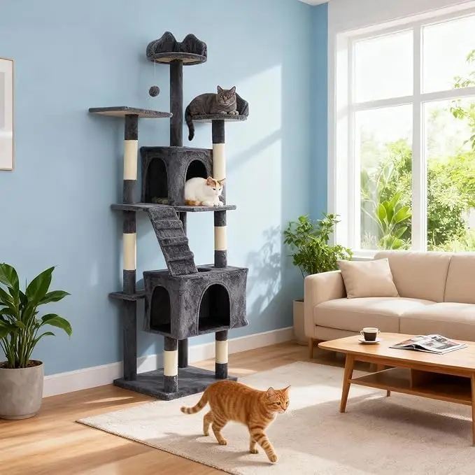Katzenbaum 188cm Hoch, Katzenturm für Wohnungskatzen mit 6 Kratzstämmen, Großer Liegeplatz, Kletterleiter für Katzen zum Spielen und Schlafen – Detail 7