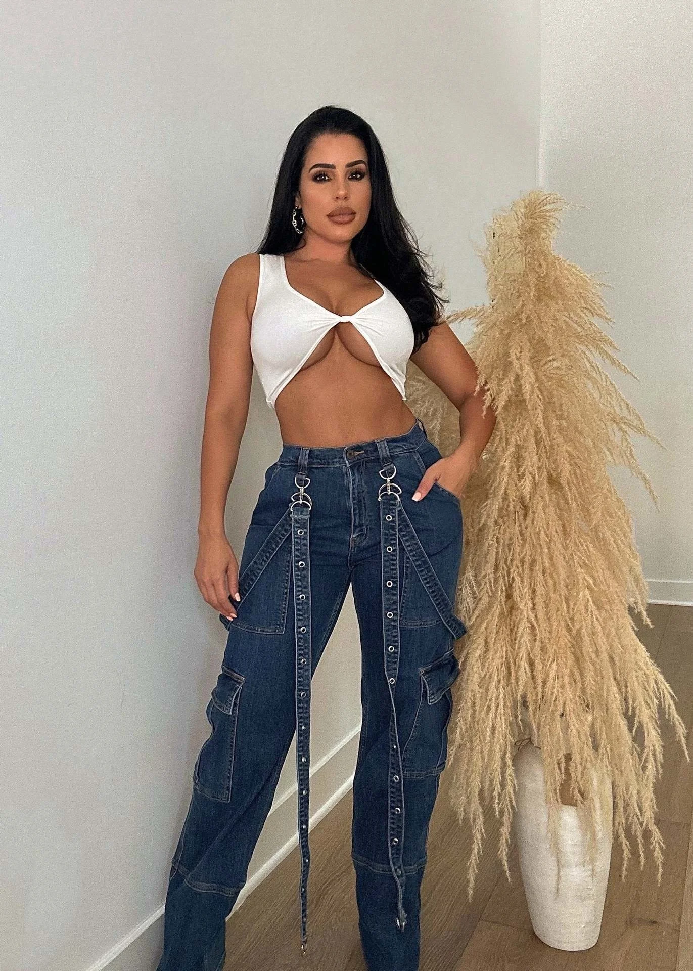 

Cutubly Vintage Denim Straight Baggy Jeans Pants Women American Style Chic Elastic Waist Bandage Trouser Streetwear Y2k Pant