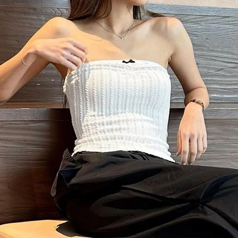 

Slim Bow Camis Chic Streetwear Sweet Strapless Tank Tops Y2K Vintage Casual Sleeveless Cute Solid Vests High Street Top Camisole