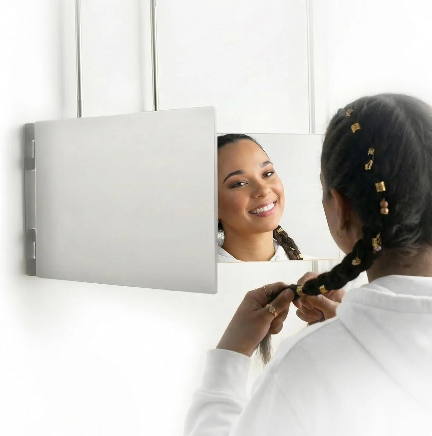 Sleek Black Portable Trifold Mirror with Adjustable Height & Telescoping Hooks - Perfect for Hair Styling and Makeup