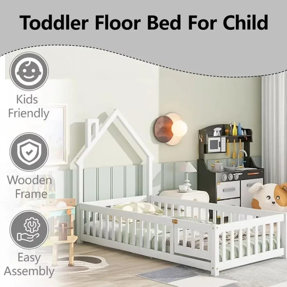 Children Beds, Twin Size Montessori Floor Bed with Fence and Door, House-Shaped Headboard Floor Bed with Full-Length Guardrails 4