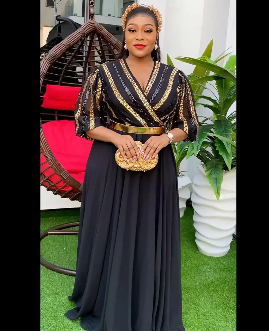 African Dresses for Women Africa Clothing Evening Party Long Elegant V-neck Sequins Kaftan Muslim Chiffon Maxi Dress Plus Size