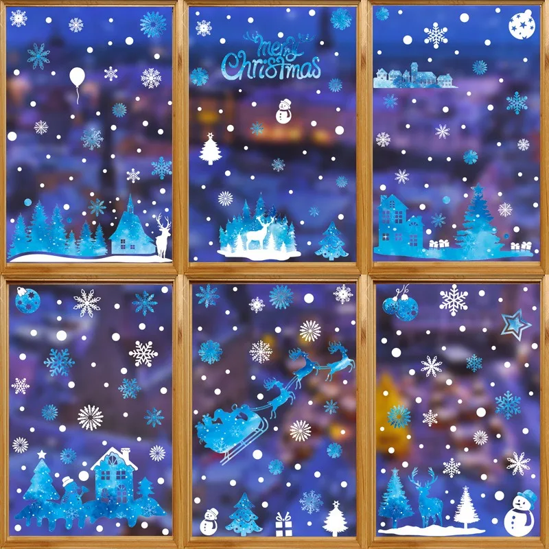 Blue Snowflake Christmas Window Stickers Santa Claus Snowman Elk Gingerbread Man Static Mirror Sticker Happy New Year 2026 Decor